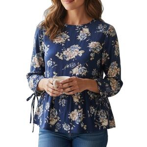315 - Orange Creek Blue Floral Top - Size M with‎ ties in back and arms